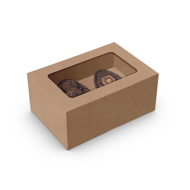 Caixa Basic 2 Mini Ovos 50G com Tampa e Visor Kraft – Páscoa Essencial