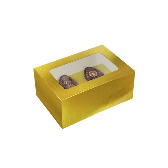 Caixa Basic 2 Mini Ovos 50G com Tampa e Visor Laminada Ouro – Páscoa Essencial