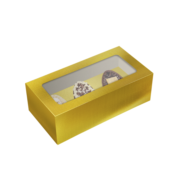 Caixa Basic 3 Mini Ovos 50G com Tampa e Visor Laminada Ouro – Páscoa Essencial
